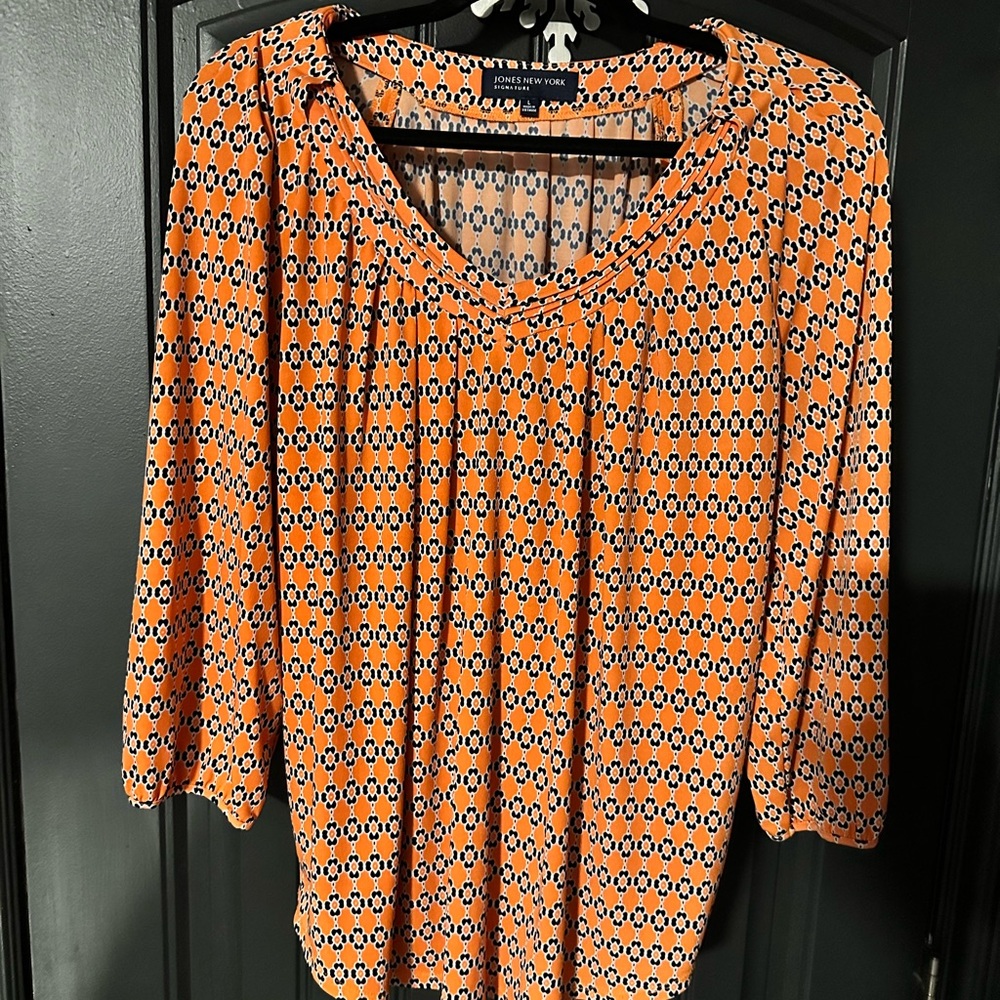 Jones New York Orange Pleated 3/4 Sleeve Blouse